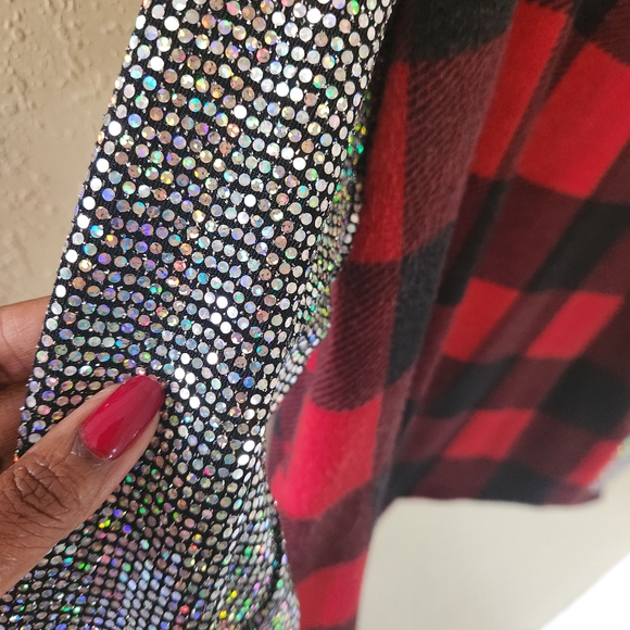 Now And Forever Red and Black Plaid Sweater with Sequin Sleeves - Picture 5 of 5